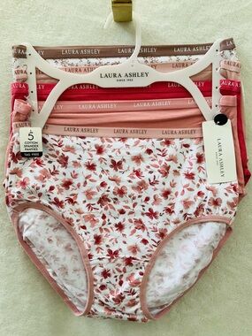 NWT LAURA ASHLEY 5pc Set Cotton Floral & Solid Brief Panty - Pink Rose Red Brown